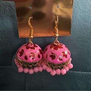 NEW hot pink with red floral details jhumka dangling earrings